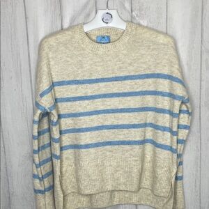 CeCe Beige and Light Blue Striped Crewneck Sweater